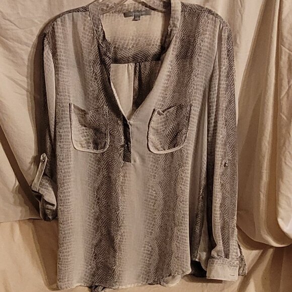 NY Collection Sheer Beige Snake Skin Print Button-Up Shirt Size Large - Picture 2 of 9